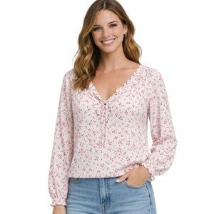 GANNI Georgette Ruffled Floral Print Blouse Red White Size 36 US 4
S